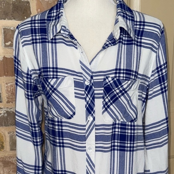 Derek Heart Blue Plaid Button Down Rolled Tab Sleeve Retro Chic Streetwear - Picture 11 of 12